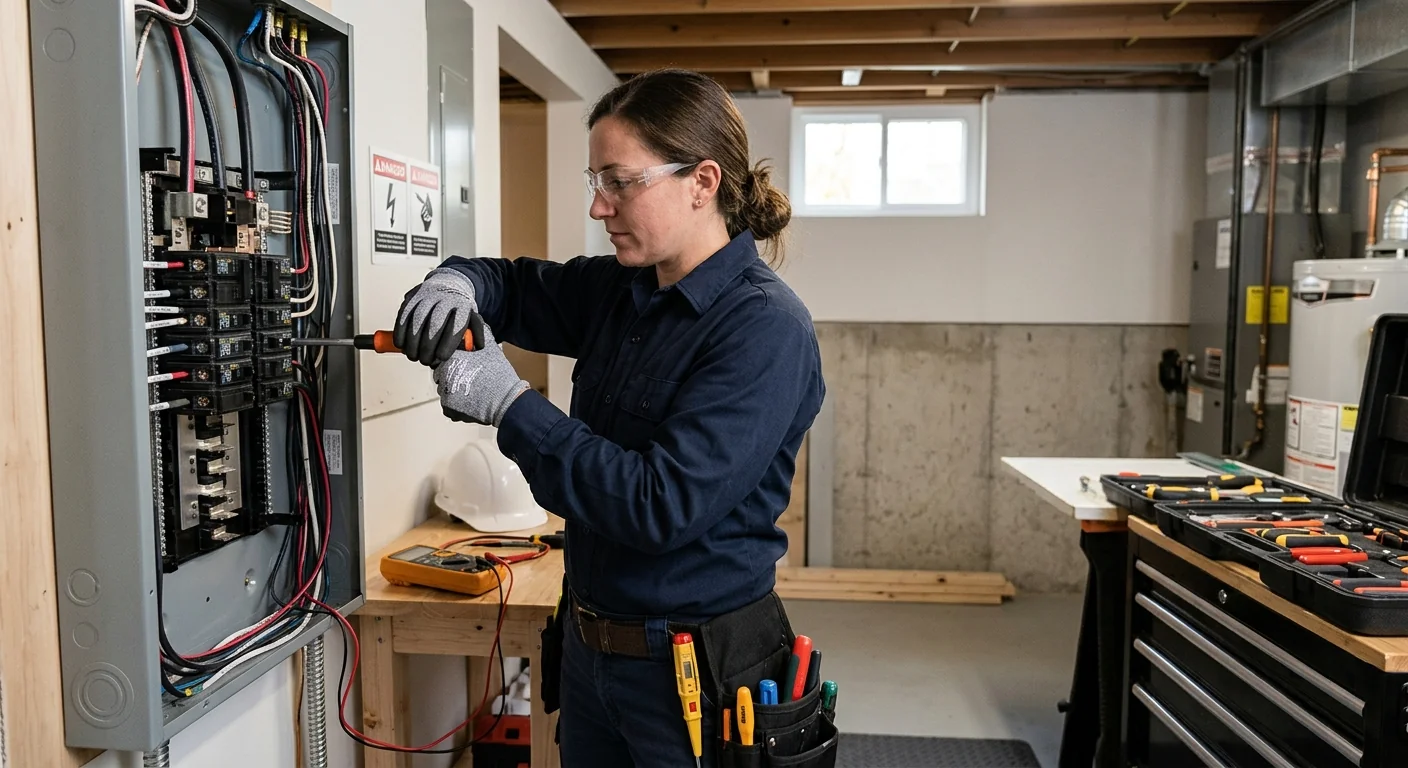 Technician verifying wiring connections during a lighting installation in a Riverhead residence