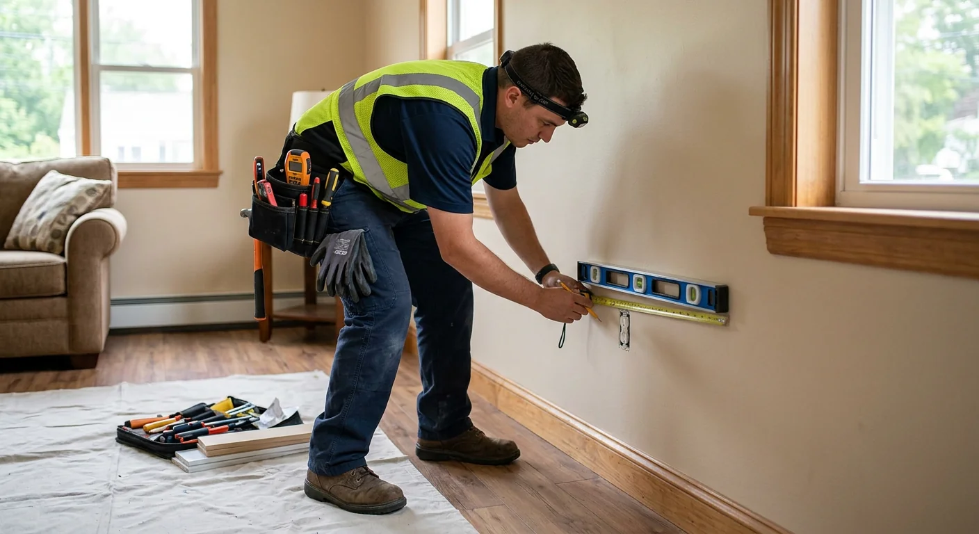 Electrician measuring receptacle placement on a Riverhead living room wall