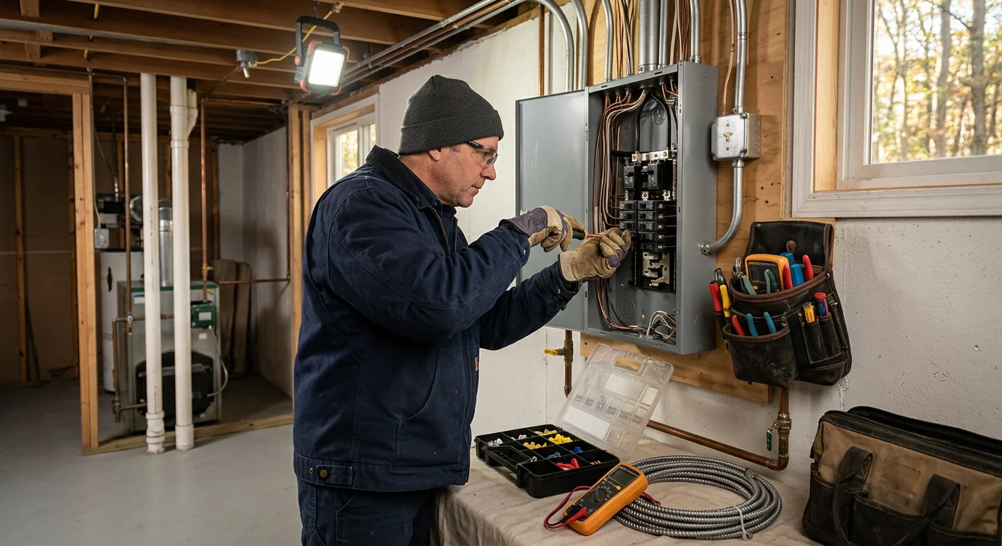 Electrician installing a wall outlet with a voltage tester during a home service visit