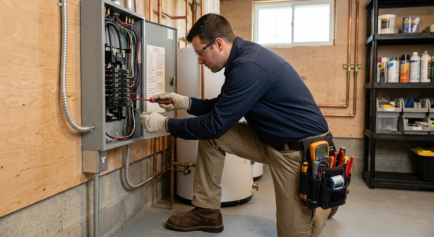 Electrician wiring a grounded GFCI receptacle inside a Riverhead home kitchen wall