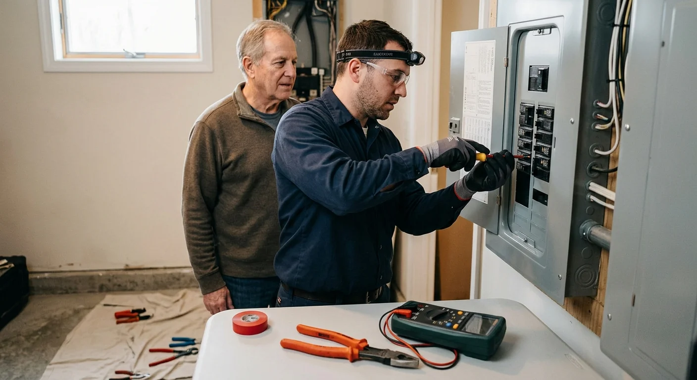 Technician verifying outlet wiring and ground continuity in a Riverhead home